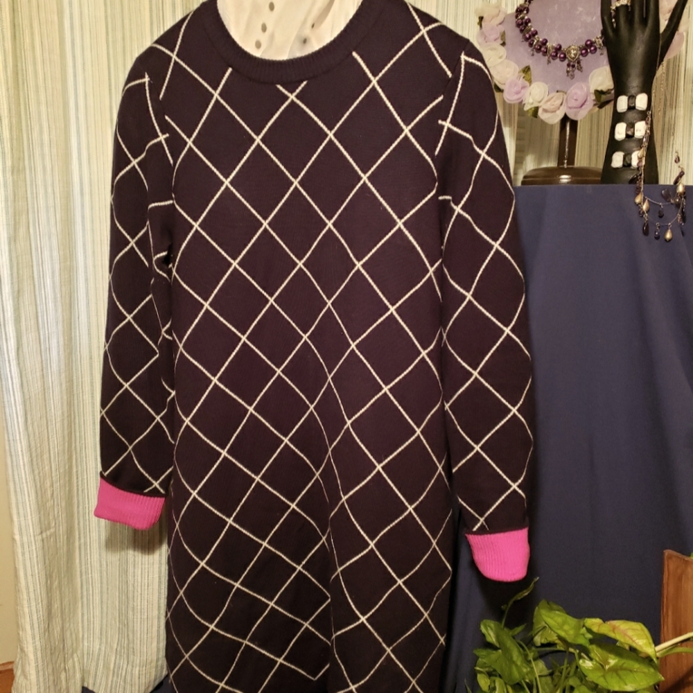 Sweater dress, Eliza J, large, black with hot pink cuffs.